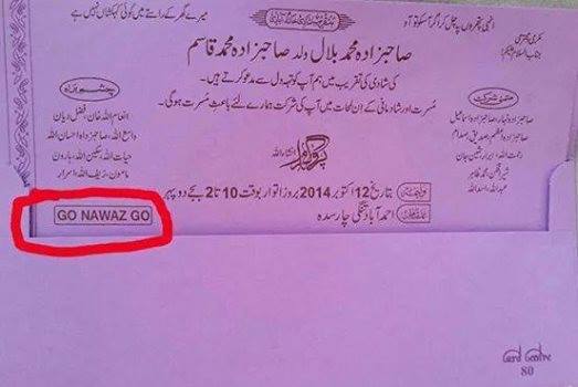 Go Nawaz Go printed on marriage invitation card